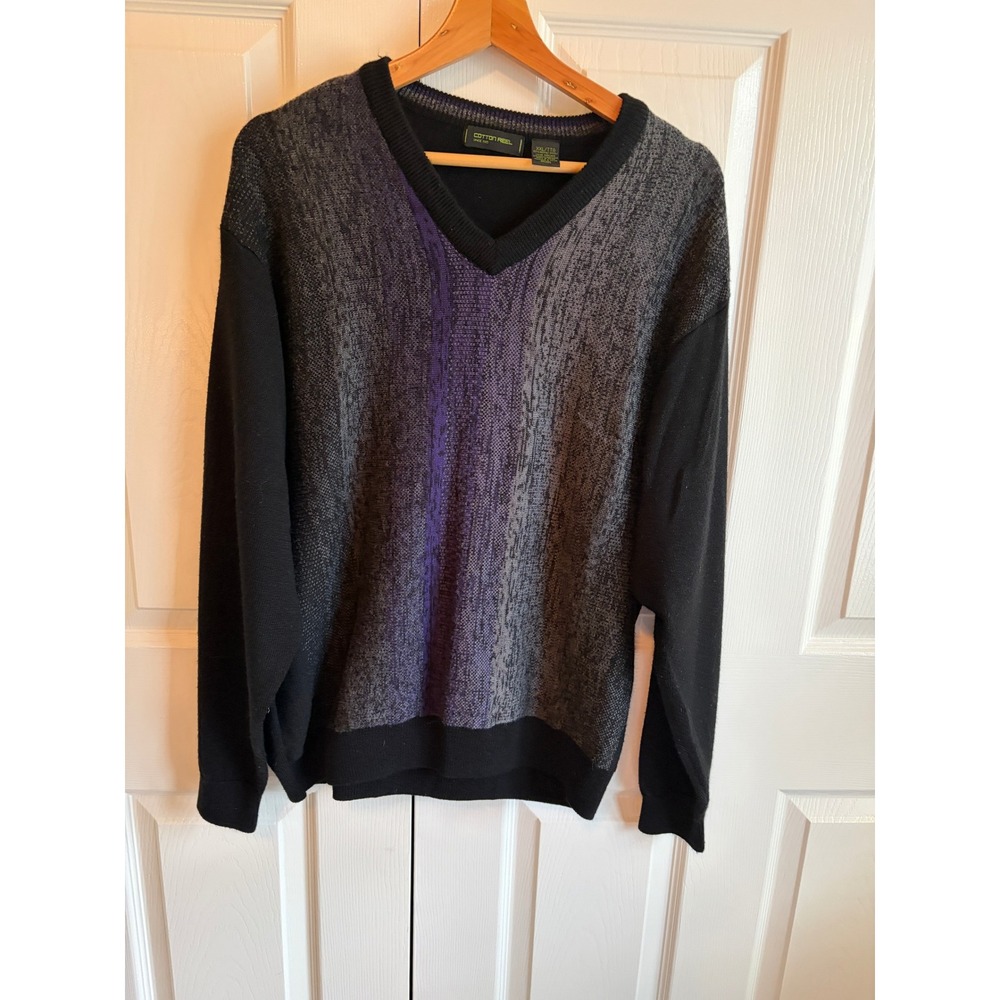 Cotton Reel Mens XXL V-Neck Sweater Merino Wool Blend Black Purple Striped Knit
